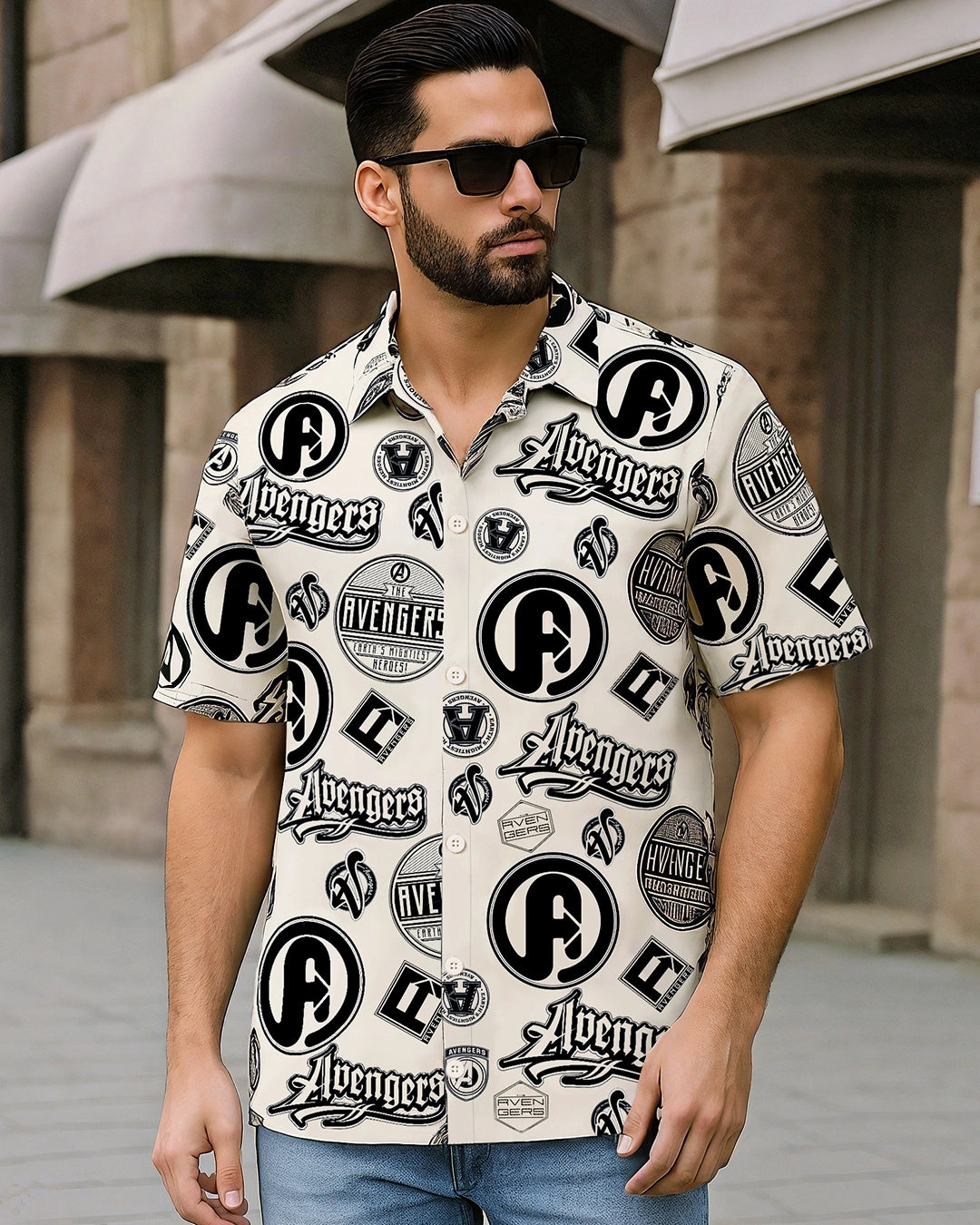 Men's Beige Avengers All Over Printed Oversized Shirt