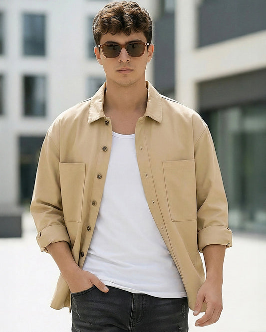 Men's Beige Embroidered Oversized Twill Jacket