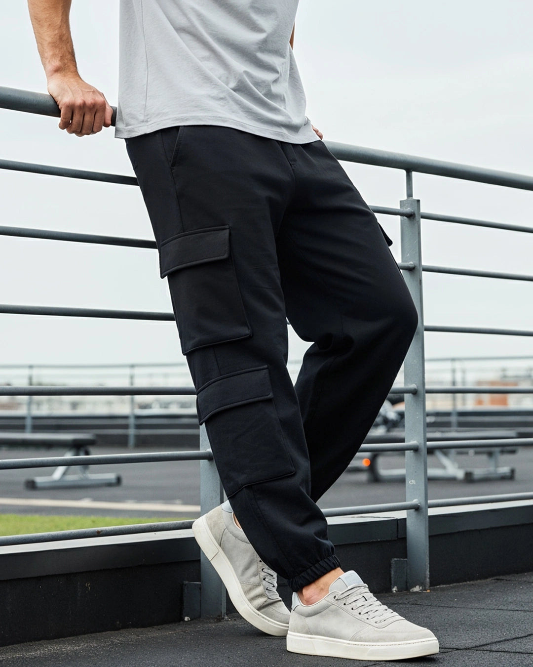 Men's Black Super Loose Fit Brushed Cargo Joggers