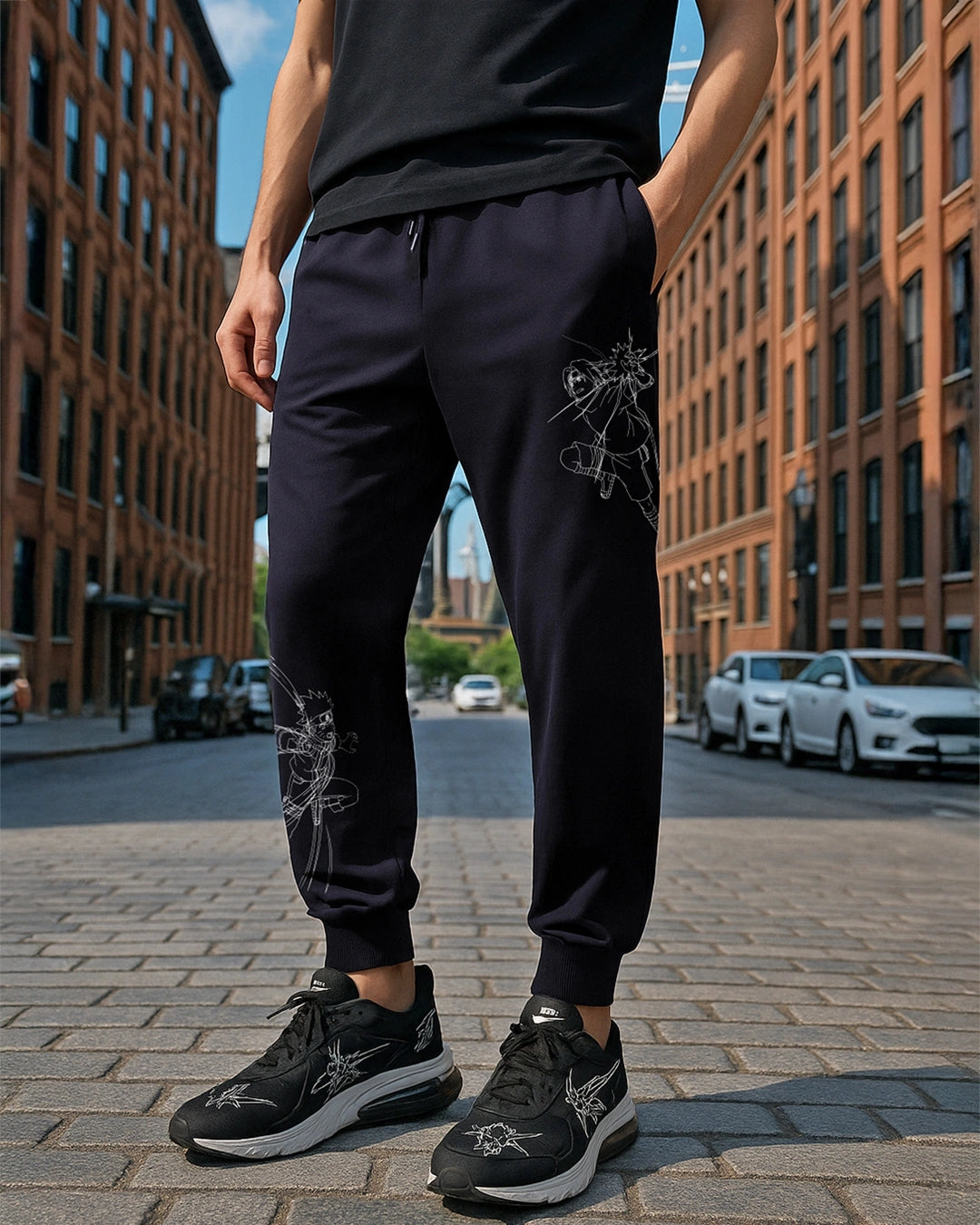 Men's Black The Rivals Graphic Printed Super Loose Fit Warm Joggers