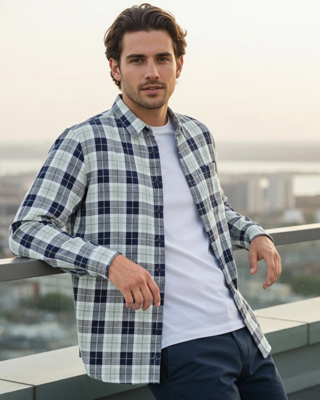 Men's Indigo Blue & Green Checked Shirt