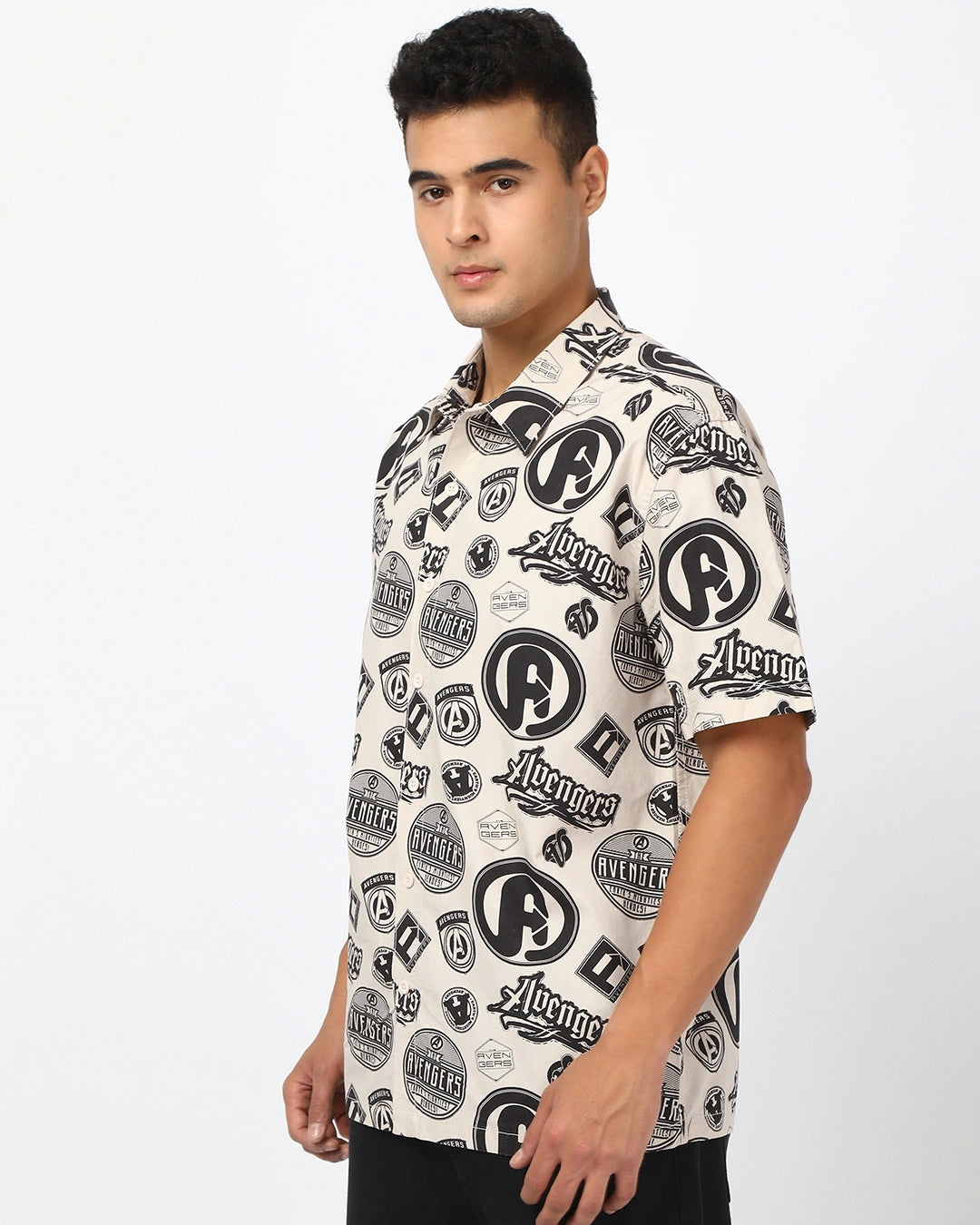 Men's Beige Avengers All Over Printed Oversized Shirt