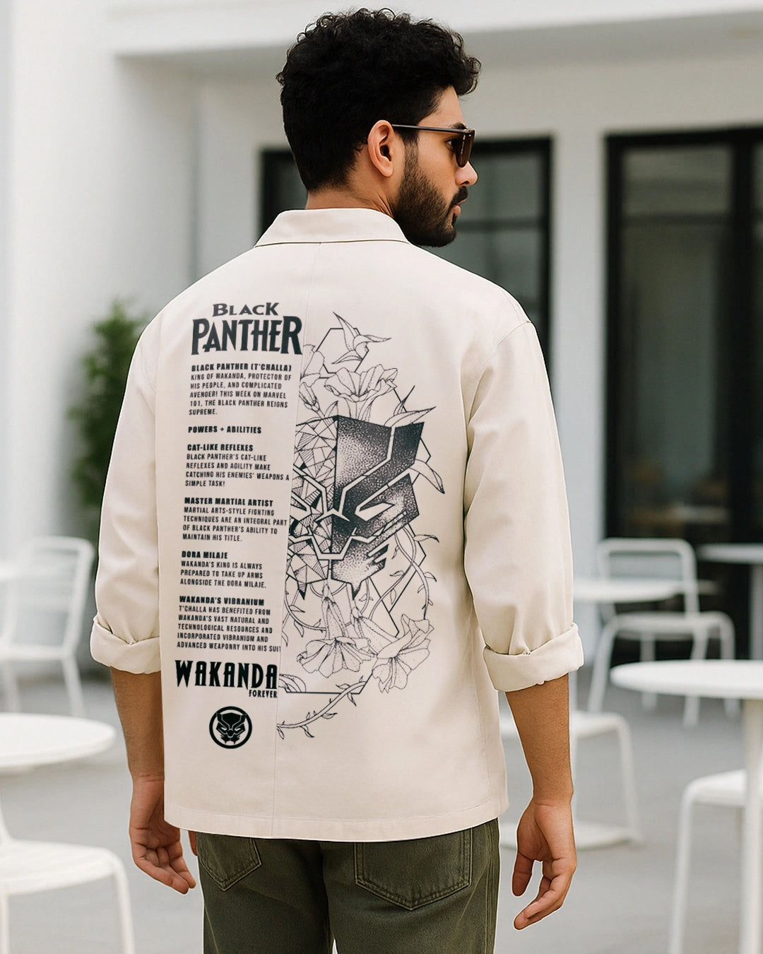 Men's Beige Black Panther Graphic Printed Oversized Shirt