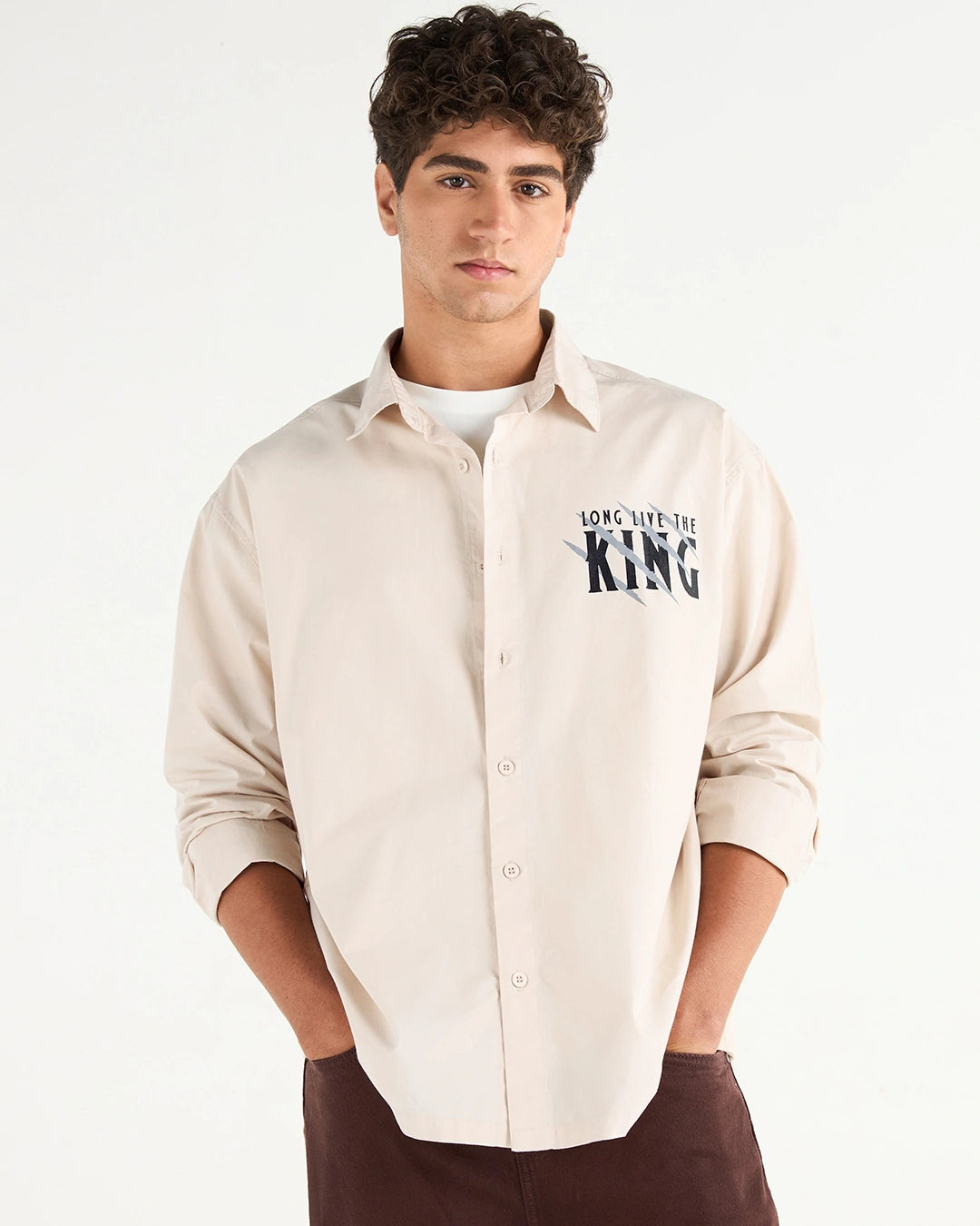 Men's Beige Black Panther Graphic Printed Oversized Shirt