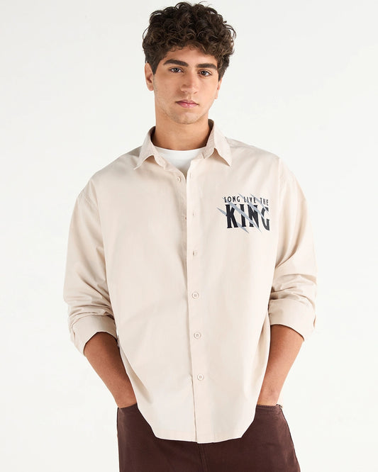 Men's Beige Black Panther Graphic Printed Oversized Shirt