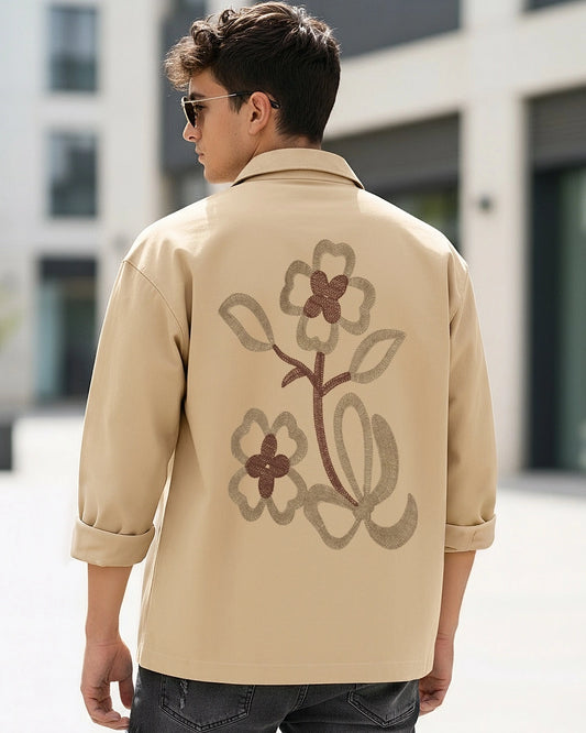 Men's Beige Embroidered Oversized Twill Jacket