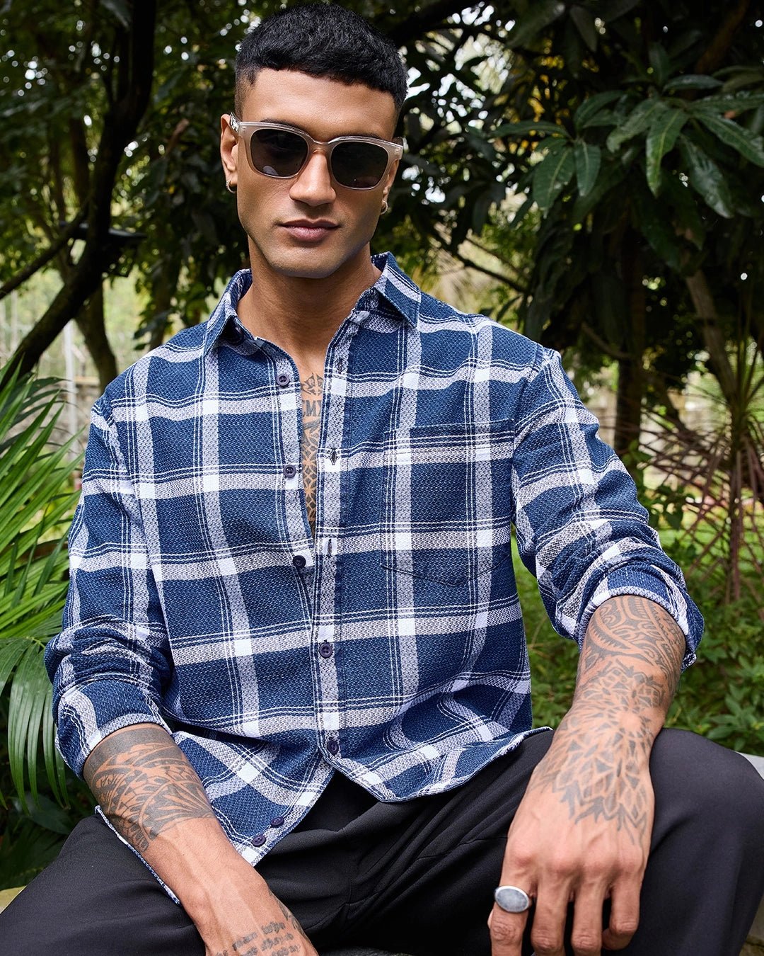 Men's Blue & White Checked Shirt