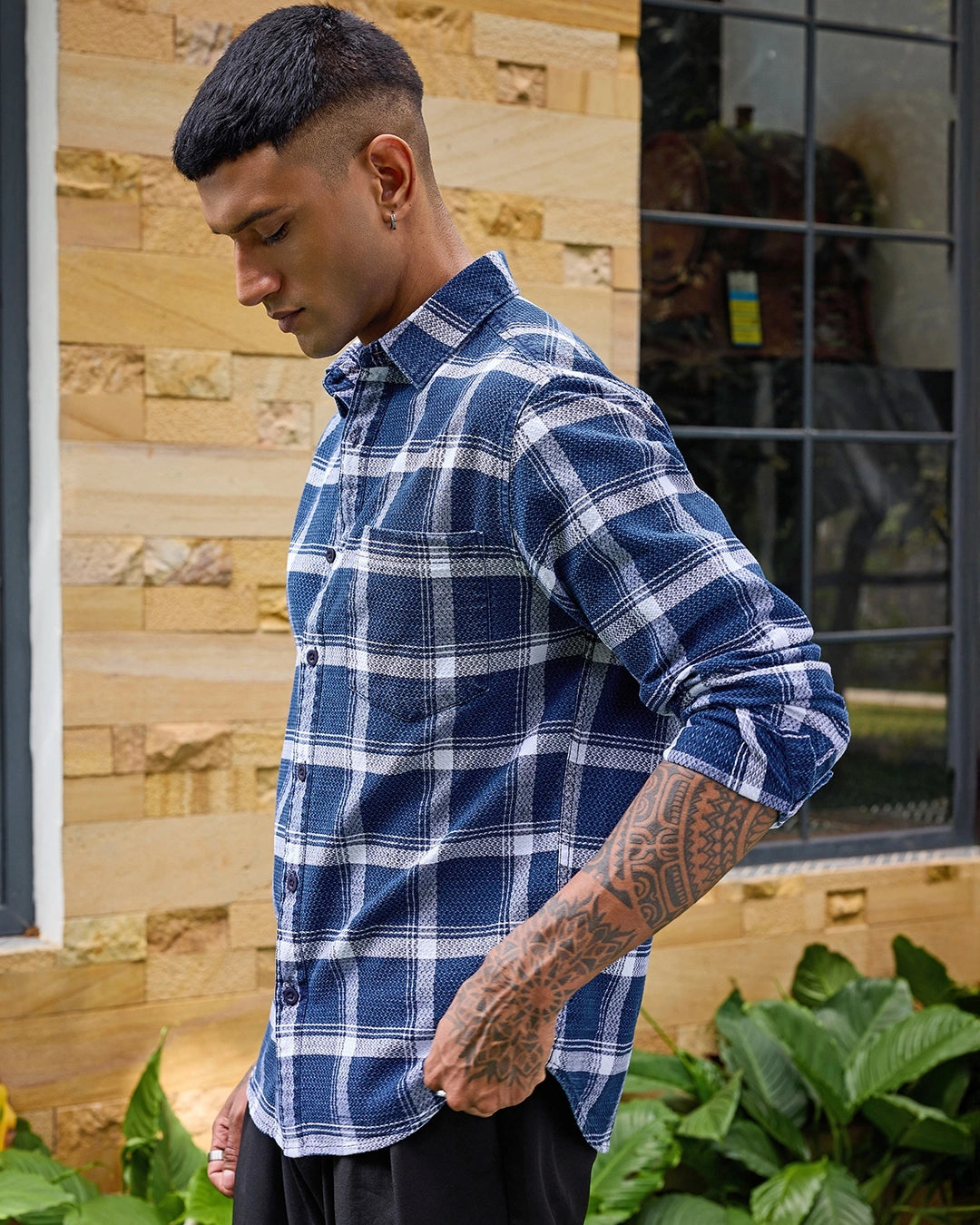 Men's Blue & White Checked Shirt