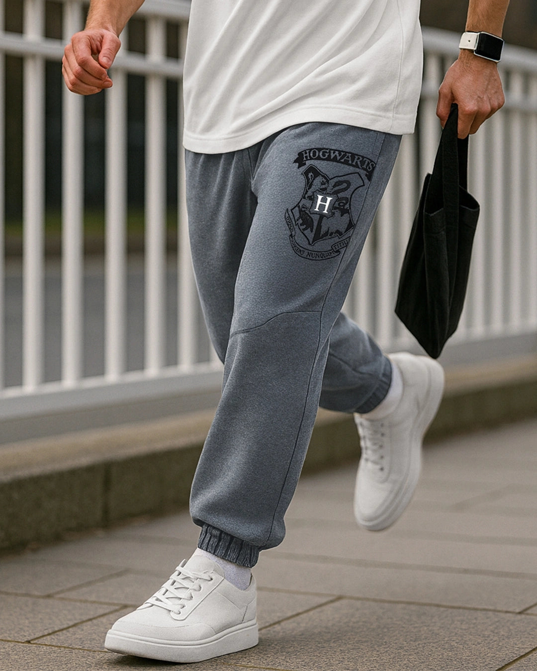 Men's Charcoal Grey Melange Hogwarts Graphic Printed Oversized Warm Joggers