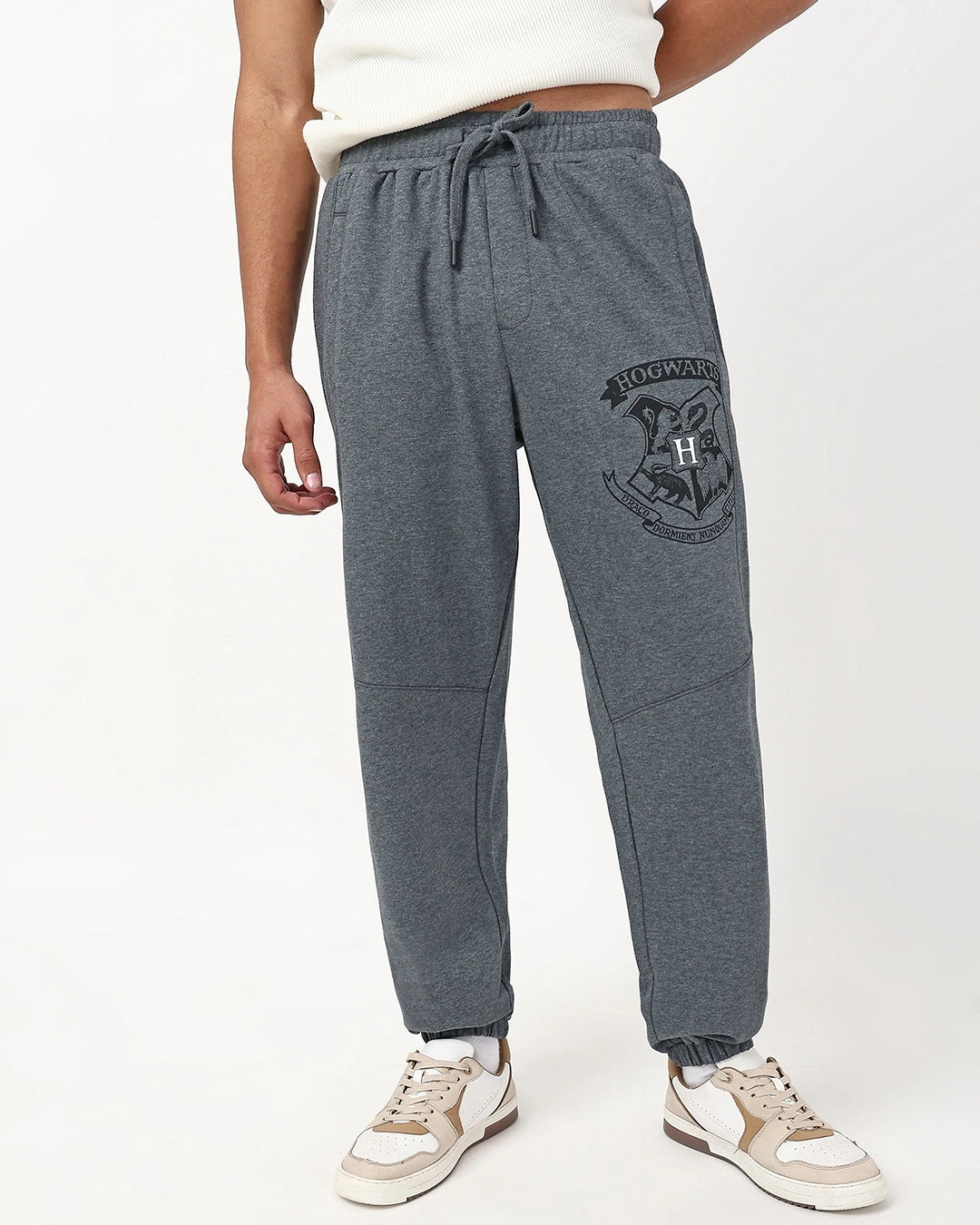 Men's Charcoal Grey Melange Hogwarts Graphic Printed Oversized Warm Joggers
