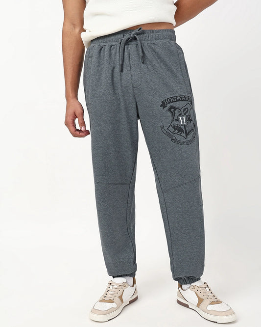 Men's Charcoal Grey Melange Hogwarts Graphic Printed Oversized Warm Joggers