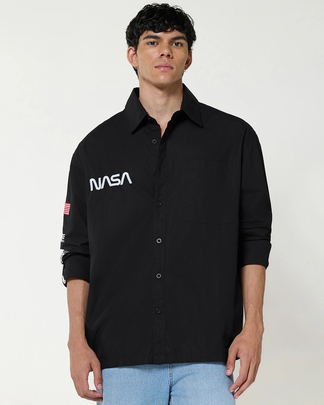 Men's Jet Black Graphic Printed Oversized Shirt