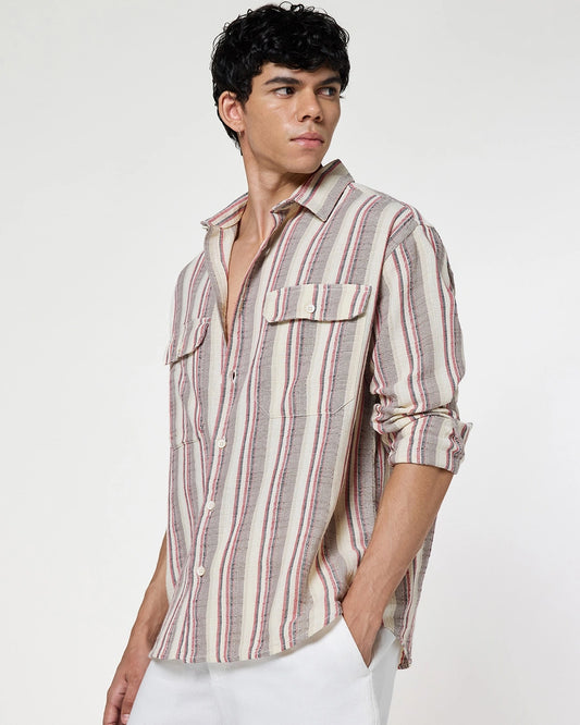 Men's Off White & Dusty Pink Striped Oversized Shirt