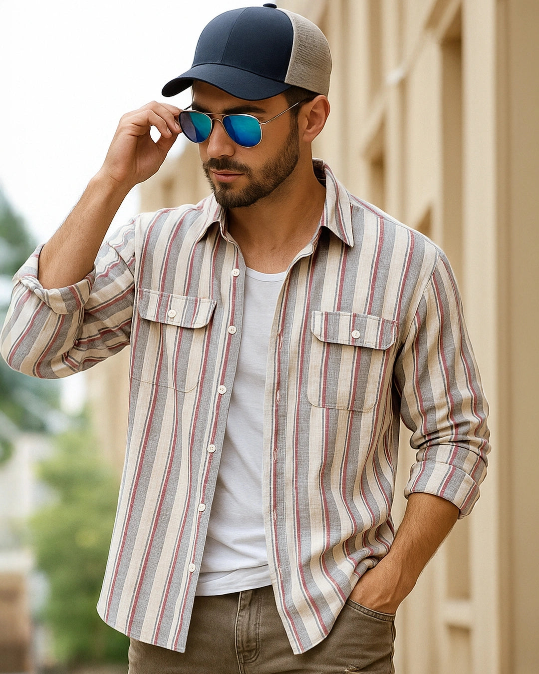 Men's Off White & Dusty Pink Striped Oversized Shirt