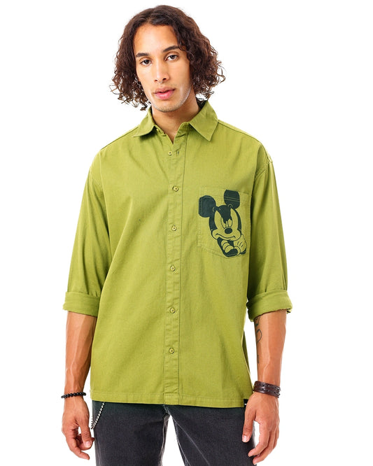 Men's Olive Green Mickey Graphic Printed Oversized Shirt