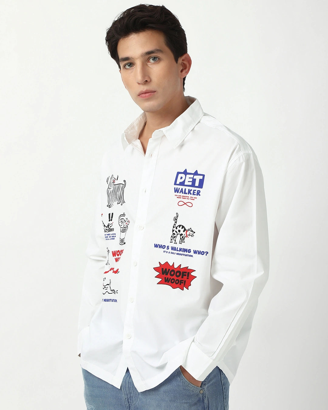 Men's White Woof Graphic Printed Oversized Shirt