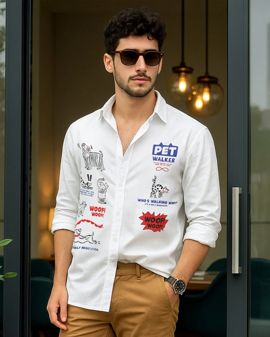 Men's White Woof Graphic Printed Oversized Shirt